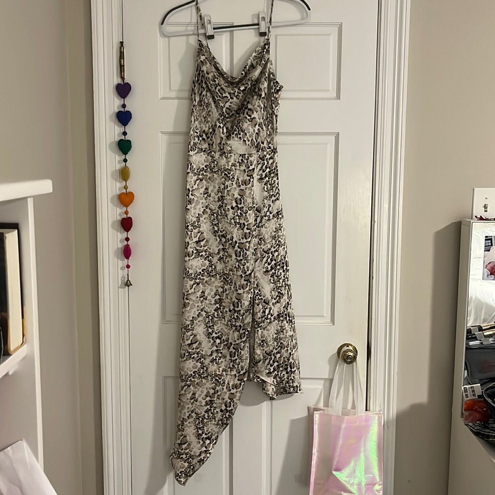 Satin Slip Cowl Neck Leopard Small Midi Dress